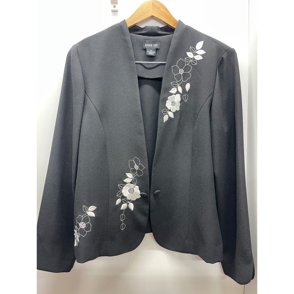 Leslie Fay Black Floral Embroidered Blazer Jacket Size 14 Open Front Crepe